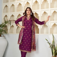 Viscose Chanderi With Embroidery Kurti Pant Set With Dupatta