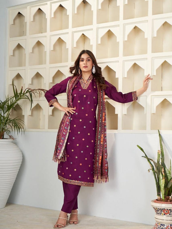Viscose Chanderi With Embroidery Kurti Pant Set With Dupatta