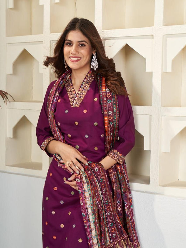 Viscose Chanderi With Embroidery Kurti Pant Set With Dupatta