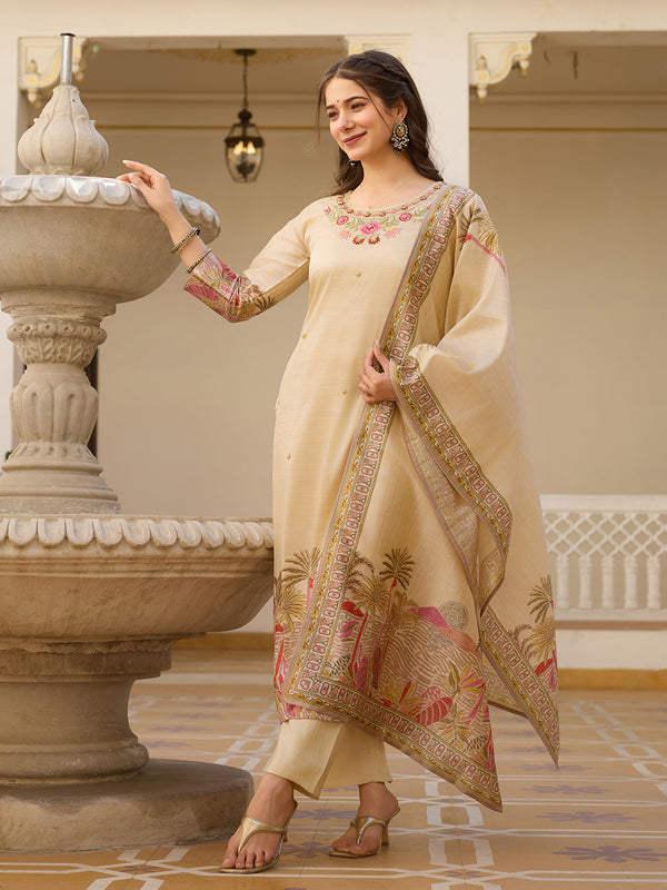 Viscose Assam Silk With Embroidered Beads Top Bottom Suit Set
