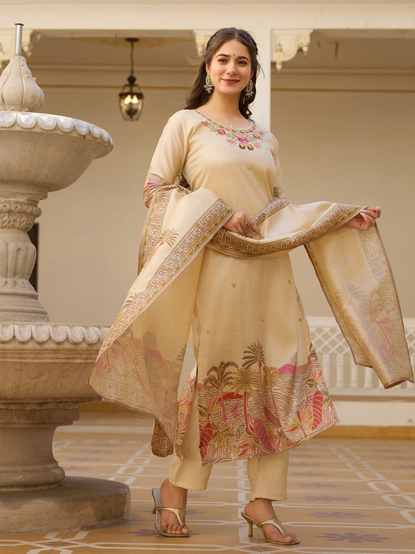 Viscose Assam Silk With Embroidered Beads Top Bottom Suit Set