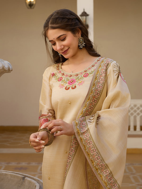 Viscose Assam Silk With Embroidered Beads Top Bottom Suit Set