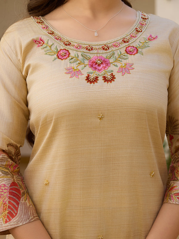 Viscose Assam Silk With Embroidered Beads Top Bottom Suit Set