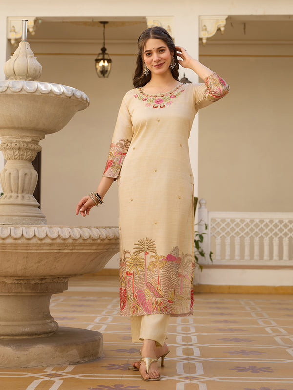 Viscose Assam Silk With Embroidered Beads Top Bottom Suit Set