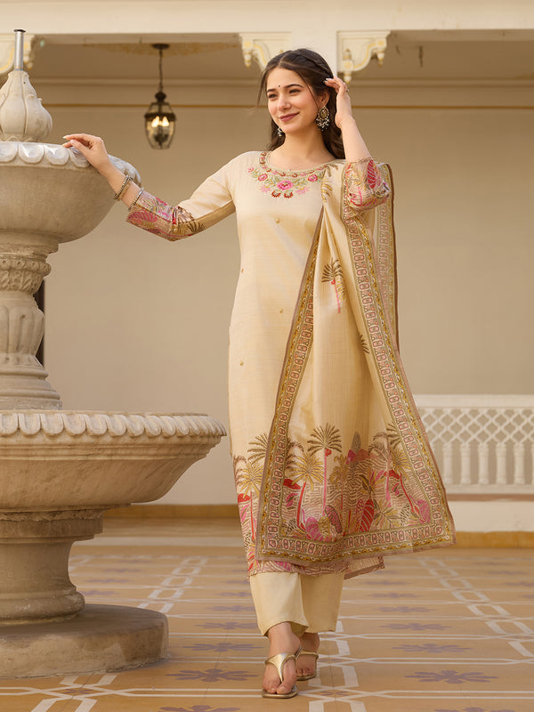 Viscose Assam Silk With Embroidered Beads Top Bottom Suit Set