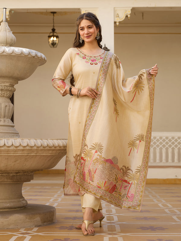 Viscose Assam Silk With Embroidered Beads Top Bottom Suit Set