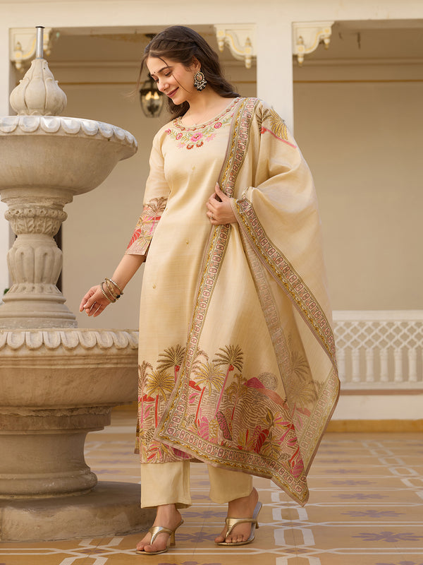 Viscose Assam Silk With Embroidered Beads Top Bottom Suit Set