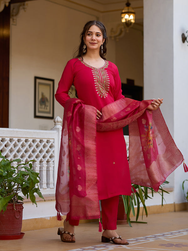 Viscose Chanderi With Embroidered Beads Top Bottom Suit Set