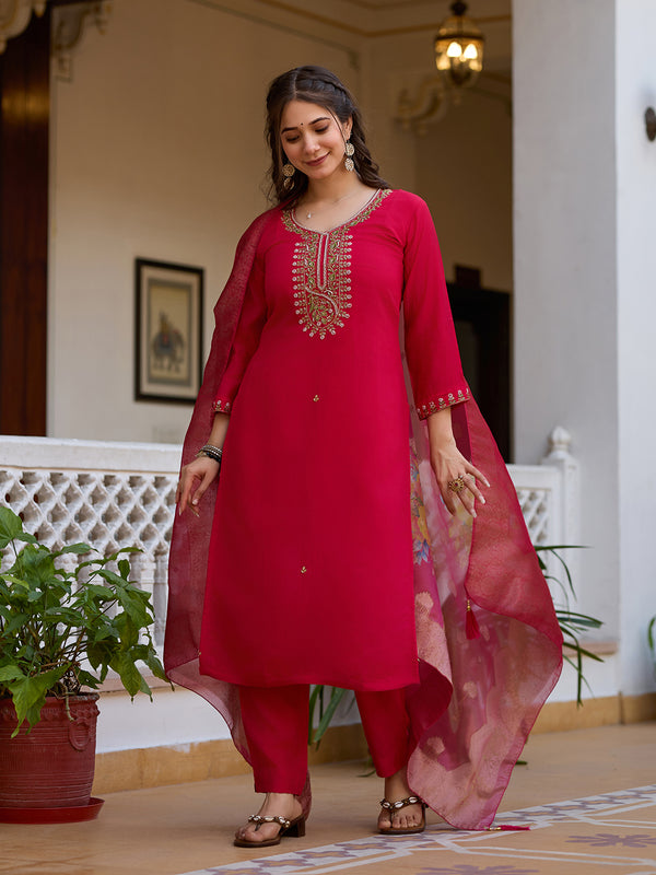 Viscose Chanderi With Embroidered Beads Top Bottom Suit Set