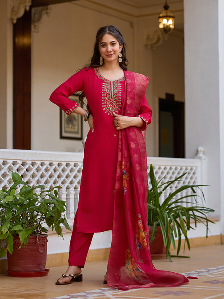 Viscose Chanderi With Embroidered Beads Top Bottom Suit Set