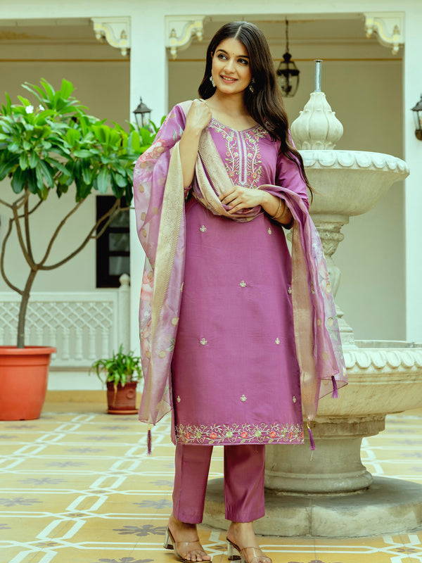 Viscose Chanderi Silk With Embroidered Beads Top Bottom Suit Set