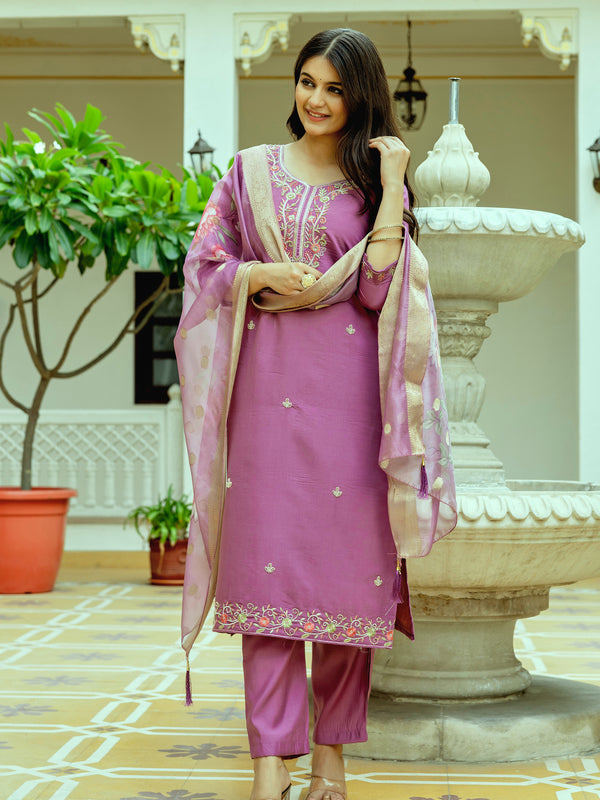 Viscose Chanderi Silk With Embroidered Beads Top Bottom Suit Set