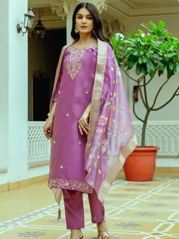 Viscose Chanderi Silk With Embroidered Beads Top Bottom Suit Set