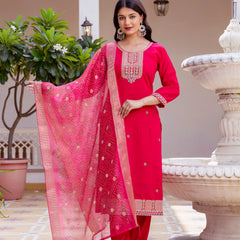 Kurti Pant Set With Dupatta (Straight Suit Set) Viscose Chanderi With Embroidery