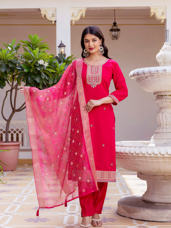 Kurti Pant Set With Dupatta (Straight Suit Set) Viscose Chanderi With Embroidery