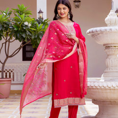 Kurti Pant Set With Dupatta (Straight Suit Set) Viscose Chanderi With Embroidery