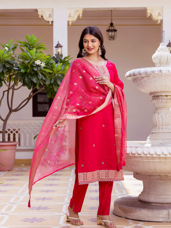 Kurti Pant Set With Dupatta (Straight Suit Set) Viscose Chanderi With Embroidery