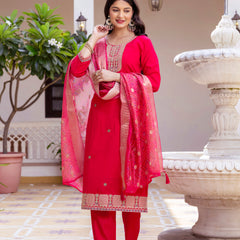 Kurti Pant Set With Dupatta (Straight Suit Set) Viscose Chanderi With Embroidery
