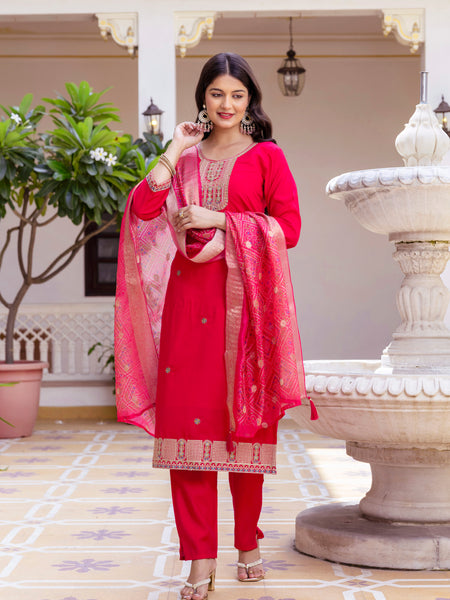 Kurti Pant Set With Dupatta (Straight Suit Set) Viscose Chanderi With Embroidery