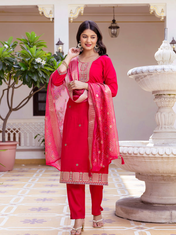 Kurti Pant Set With Dupatta (Straight Suit Set) Viscose Chanderi With Embroidery
