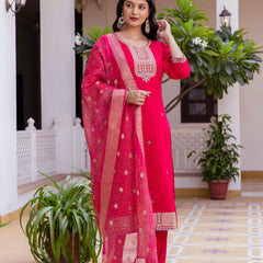 Kurti Pant Set With Dupatta (Straight Suit Set) Viscose Chanderi With Embroidery