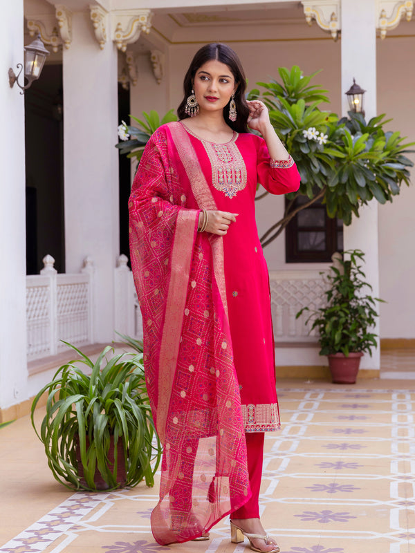 Kurti Pant Set With Dupatta (Straight Suit Set) Viscose Chanderi With Embroidery