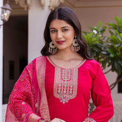 Kurti Pant Set With Dupatta (Straight Suit Set) Viscose Chanderi With Embroidery