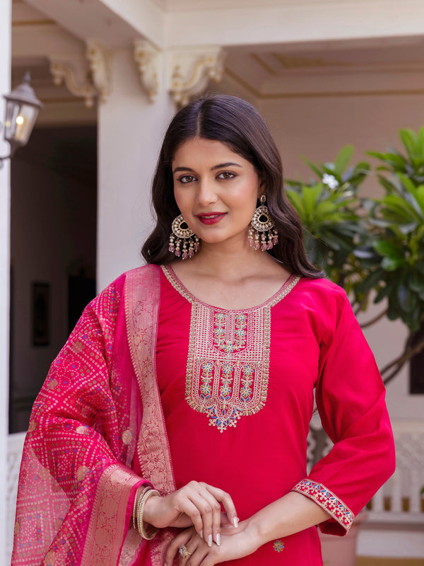 Kurti Pant Set With Dupatta (Straight Suit Set) Viscose Chanderi With Embroidery