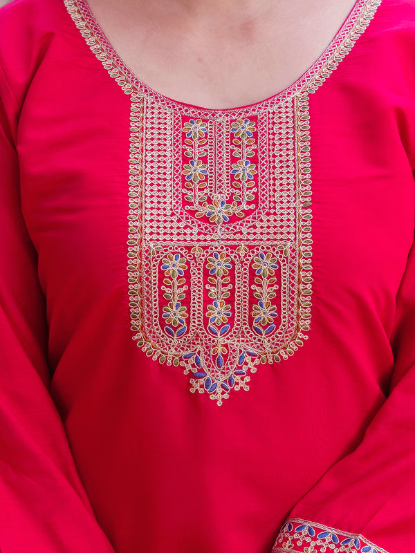 Kurti Pant Set With Dupatta (Straight Suit Set) Viscose Chanderi With Embroidery