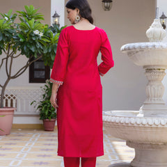 Kurti Pant Set With Dupatta (Straight Suit Set) Viscose Chanderi With Embroidery