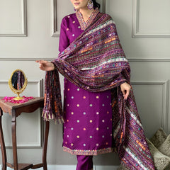 Viscose Chanderi With Embroidery Kurti Pant Set With Dupatta