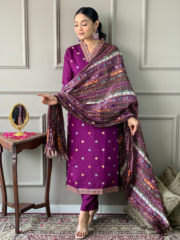 Viscose Chanderi With Embroidery Kurti Pant Set With Dupatta