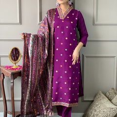 Viscose Chanderi With Embroidery Kurti Pant Set With Dupatta