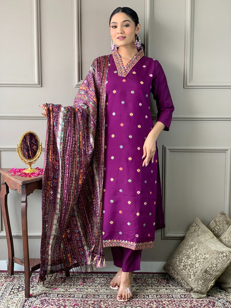 Viscose Chanderi With Embroidery Kurti Pant Set With Dupatta