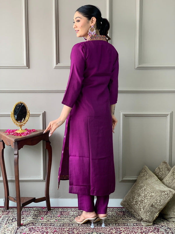 Viscose Chanderi With Embroidery Kurti Pant Set With Dupatta