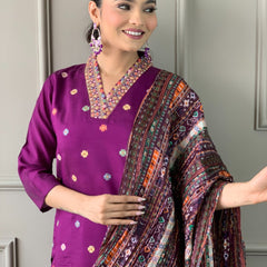 Viscose Chanderi With Embroidery Kurti Pant Set With Dupatta