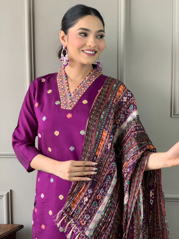 Viscose Chanderi With Embroidery Kurti Pant Set With Dupatta