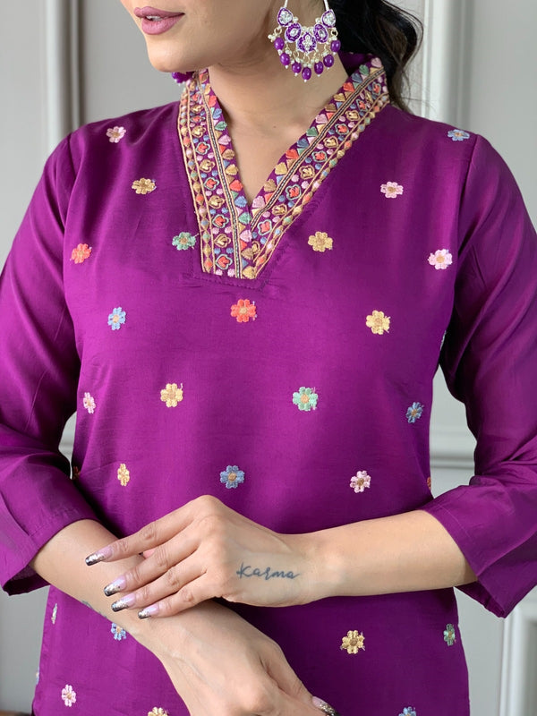 Viscose Chanderi With Embroidery Kurti Pant Set With Dupatta