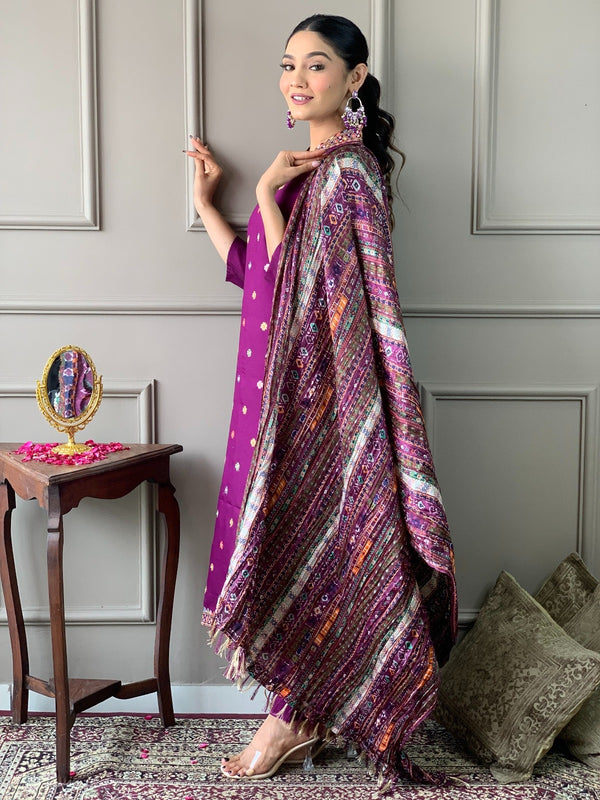 Viscose Chanderi With Embroidery Kurti Pant Set With Dupatta