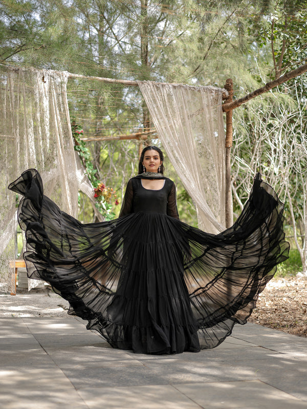 Faux Blooming Flared Gown with Dupatta