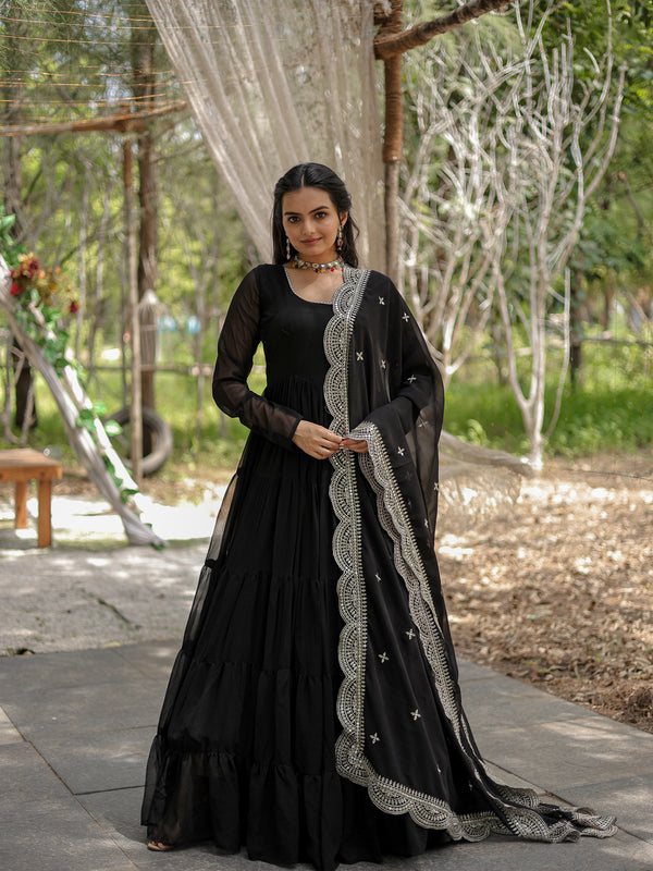 Faux Blooming Flared Gown with Dupatta