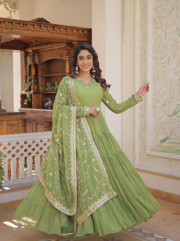 Faux Georgette Embroidered Gown with Sequin Dupatta