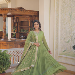Faux Georgette Embroidered Gown with Sequin Dupatta