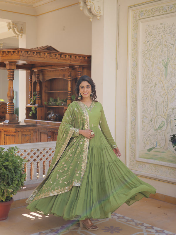 Faux Georgette Embroidered Gown with Sequin Dupatta