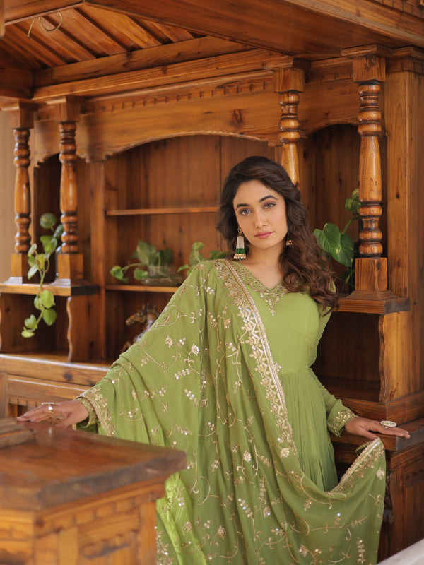 Faux Georgette Embroidered Gown with Sequin Dupatta