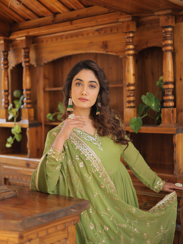 Faux Georgette Embroidered Gown with Sequin Dupatta