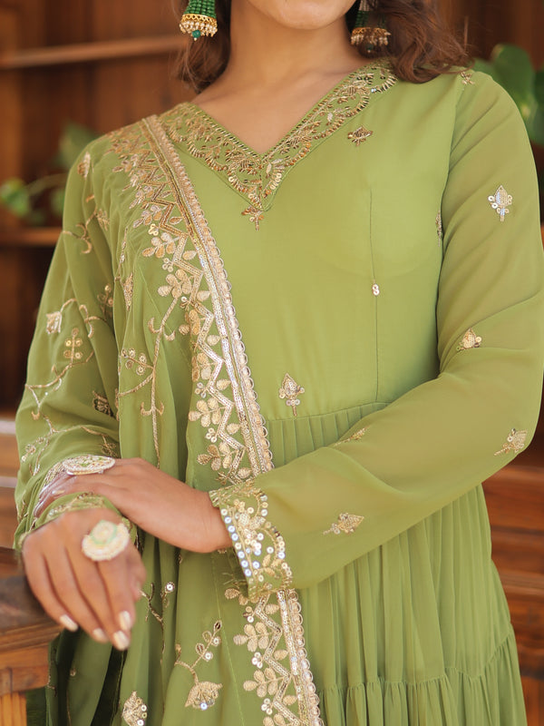 Faux Georgette Embroidered Gown with Sequin Dupatta