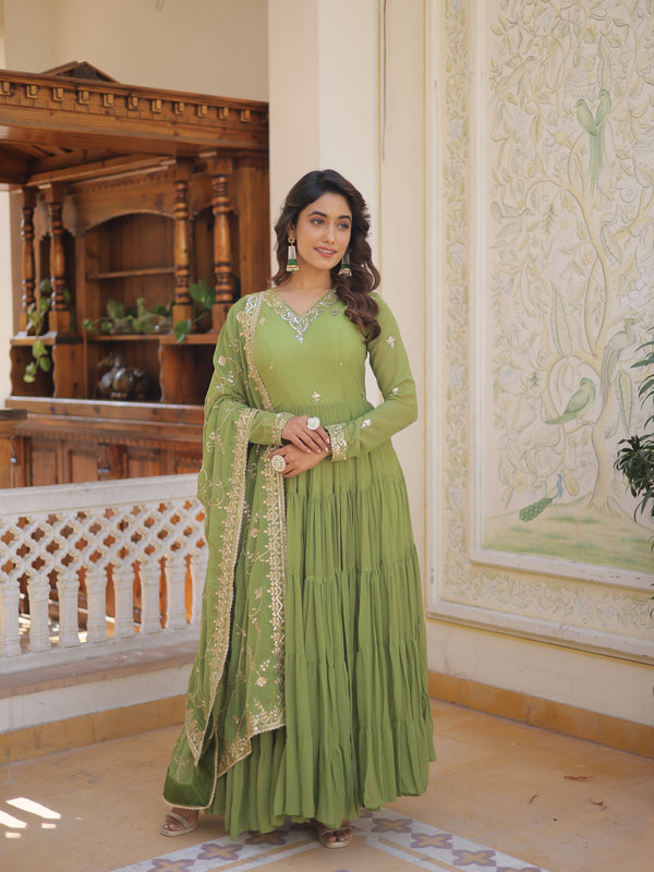 Faux Georgette Embroidered Gown with Sequin Dupatta