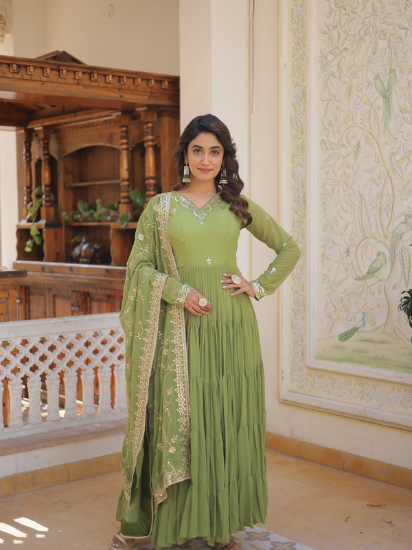 Faux Georgette Embroidered Gown with Sequin Dupatta