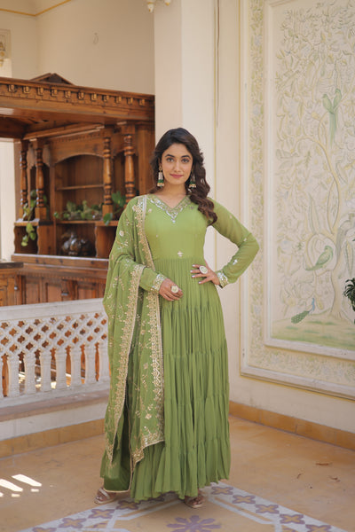 Faux Georgette Embroidered Gown with Sequin Dupatta